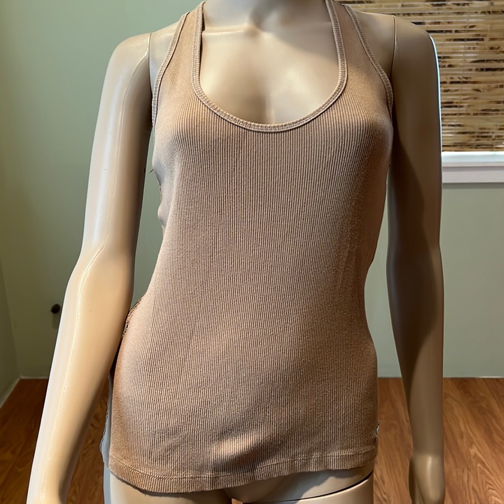 Foxy Tan Lace Back Tank Top With Silver Foxy Logo zon Front Size L